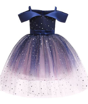 Robe de princesse asymétrique pour fille, paillettes étoiles, fil bleu