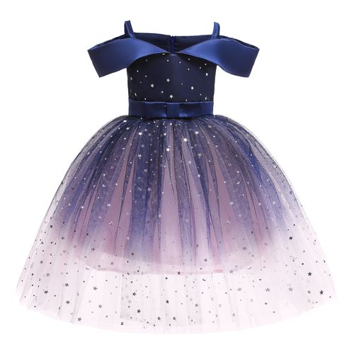 Robe de princesse asymétrique pour fille, paillettes étoiles, fil bleu