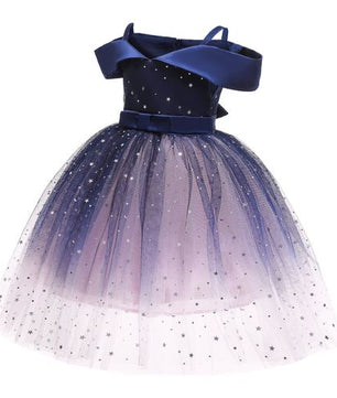 Robe de princesse asymétrique pour fille, paillettes étoiles, fil bleu