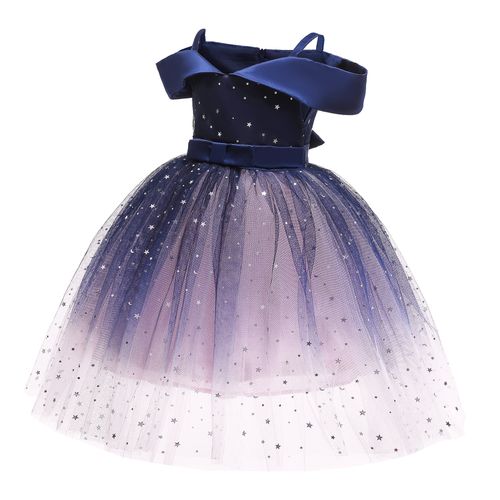 Robe de princesse asymétrique pour fille, paillettes étoiles, fil bleu