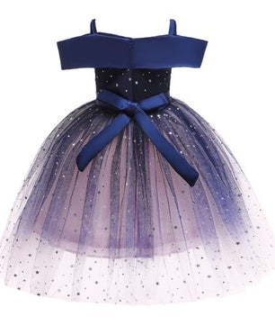 Robe de princesse asymétrique pour fille, paillettes étoiles, fil bleu