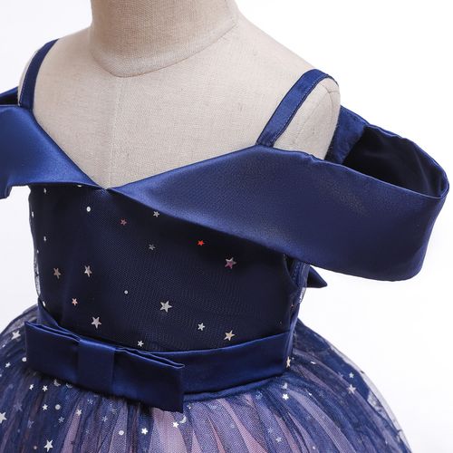 Robe de princesse asymétrique pour fille, paillettes étoiles, fil bleu