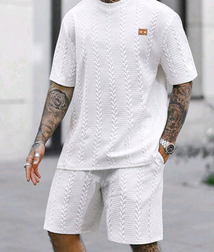 Ensemble t-shirt et short texturés à col ras du cou et manches courtes pour homme, grande taille, style décontracté, été