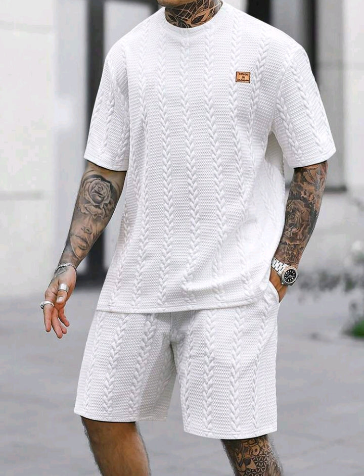 Ensemble t-shirt et short texturés à col ras du cou et manches courtes pour homme, grande taille, style décontracté, été