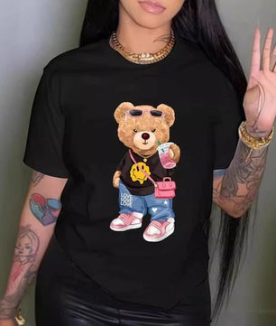 T-shirt noir à manches courtes pour femme avec motif ours mignon