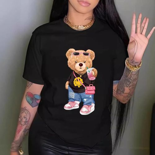 T-shirt noir à manches courtes pour femme avec motif ours mignon