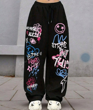 Pantalon de survêtement décontracté à cordon de serrage et coupe droite pour femme, imprimé graffiti