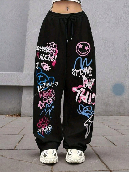 Pantalon de survêtement décontracté à cordon de serrage et coupe droite pour femme, imprimé graffiti