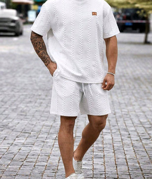 Ensemble t-shirt et short texturés à col ras du cou et manches courtes pour homme, grande taille, style décontracté, été