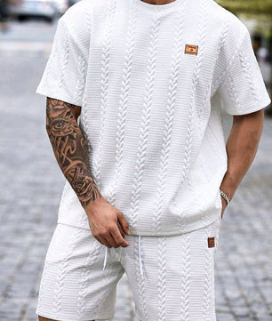 Ensemble t-shirt et short texturés à col ras du cou et manches courtes pour homme, grande taille, style décontracté, été