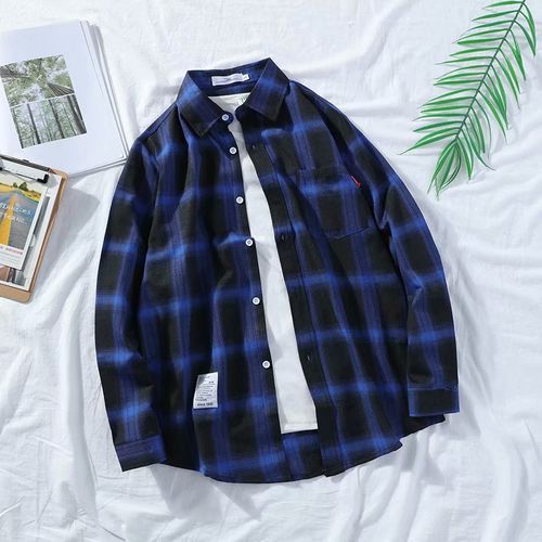 Chemise à carreaux à manches longues pour homme - Bleu