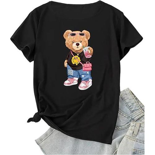 T-shirt noir à manches courtes pour femme avec motif ours mignon