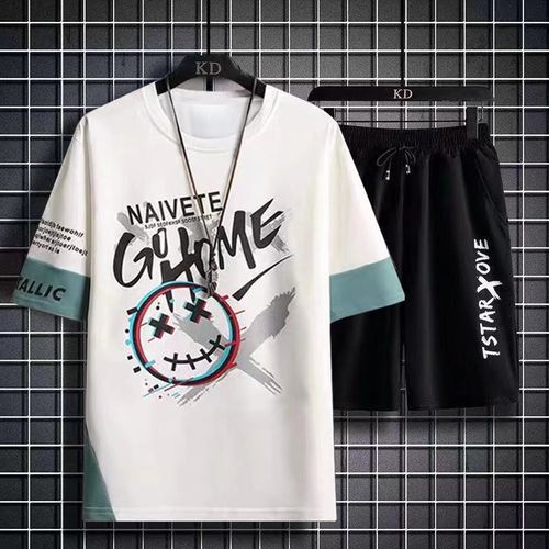 Ensemble 2 en 1 à manches courtes et short pour homme - Blanc et noir