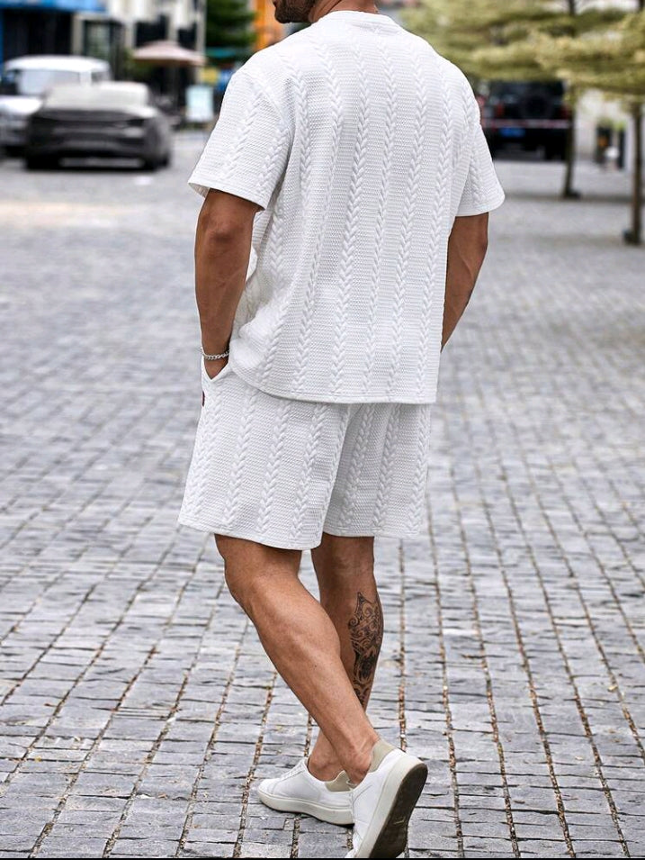 Ensemble t-shirt et short texturés à col ras du cou et manches courtes pour homme, grande taille, style décontracté, été