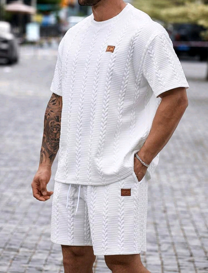 Ensemble t-shirt et short texturés à col ras du cou et manches courtes pour homme, grande taille, style décontracté, été