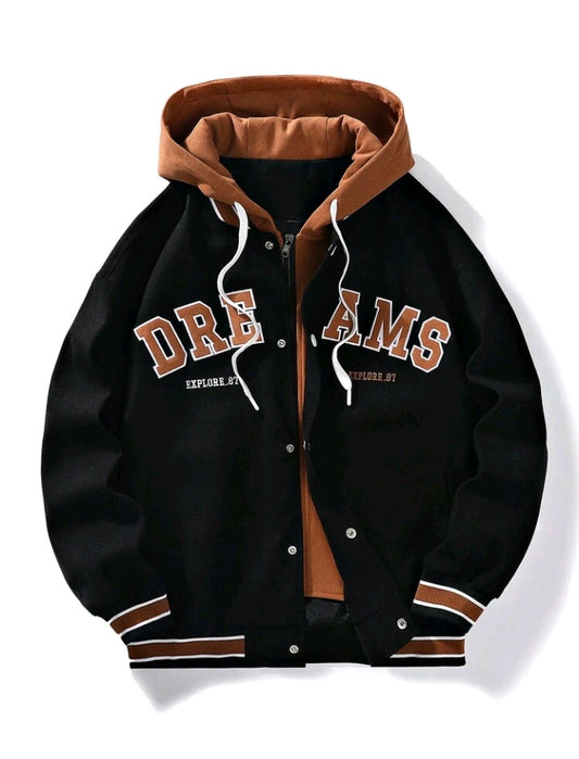Veste à capuche à cordon de serrage et à rayures pour homme, motif lettres brodées, grande taille