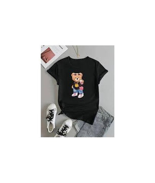 T-shirt noir à manches courtes pour femme avec motif ours mignon