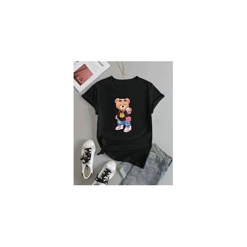 T-shirt noir à manches courtes pour femme avec motif ours mignon