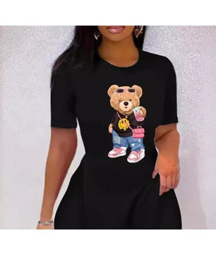 T-shirt noir à manches courtes pour femme avec motif ours mignon