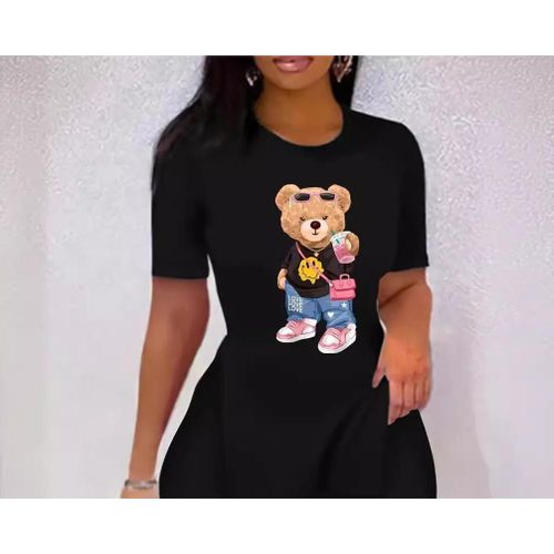 T-shirt noir à manches courtes pour femme avec motif ours mignon