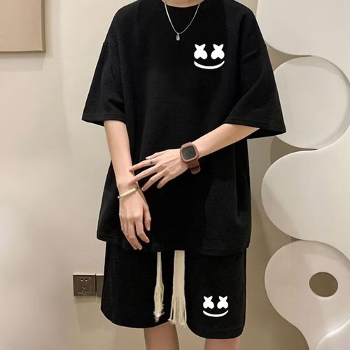 Ensemble 2 en 1 pour homme, t-shirt à manches courtes et short imprimé smiley - Noir