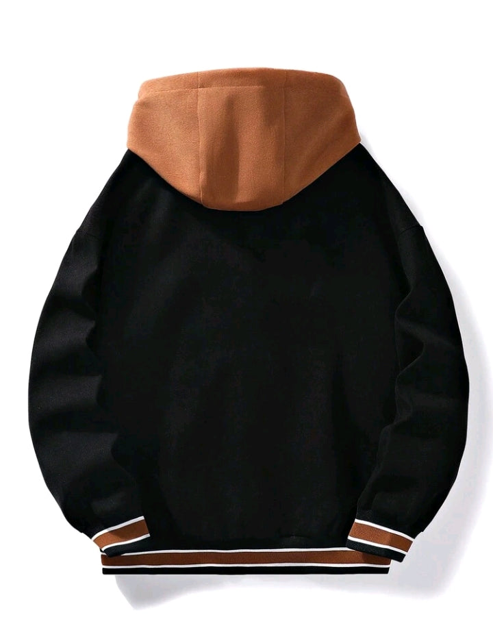 Veste à capuche à cordon de serrage et à rayures pour homme, motif lettres brodées, grande taille