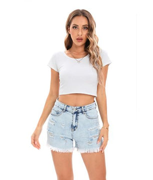 Short en jean déchiré taille haute décontracté pour femme ASHION