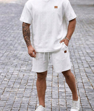 Ensemble t-shirt et short texturés à col ras du cou et manches courtes pour homme, grande taille, style décontracté, été