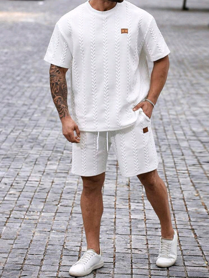 Ensemble t-shirt et short texturés à col ras du cou et manches courtes pour homme, grande taille, style décontracté, été