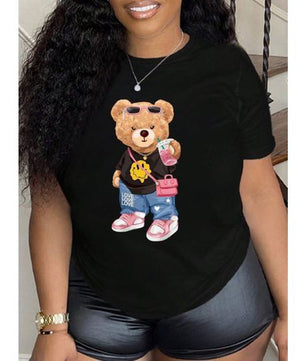 T-shirt noir à manches courtes pour femme avec motif ours mignon