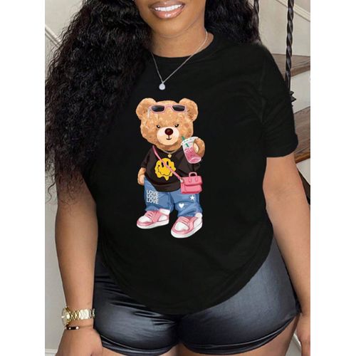 T-shirt noir à manches courtes pour femme avec motif ours mignon